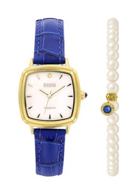 Ecclissi Women's Facets Square Watch & Bracelet Set - Gold Plated Metal, Blue
