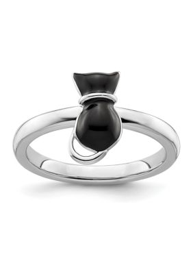 Belk & Co Sterling Silver Stackable Expressions Polished Black Enameled Cat Ring, White, 5