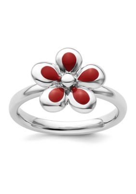 Belk & Co Sterling Silver Stackable Expressions Polished Red Enameled Flower Ring, White, 10