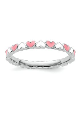 Belk & Co Sterling Silver Stackable Expressions Pink and White Enamel Heart Ring, 10
