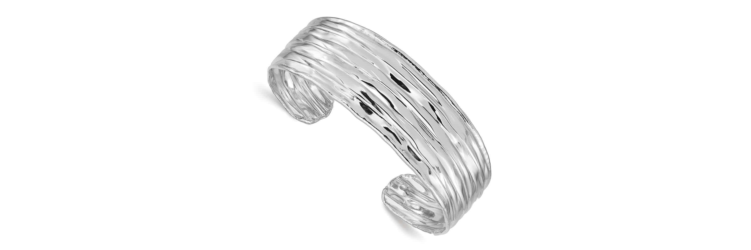 Sterling Silver Rhodium-plated Textured Cuff Bangle
