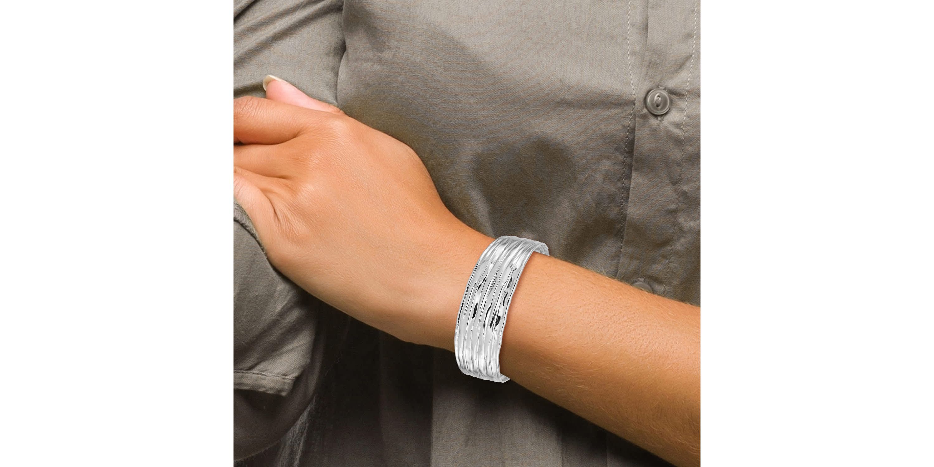 Sterling Silver Rhodium-plated Textured Cuff Bangle