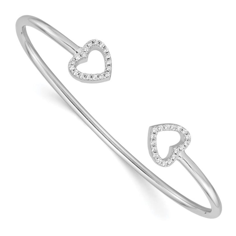 Sterling Silver Rhodium-plated Cubic Zirconia Heart Cuff Bangle