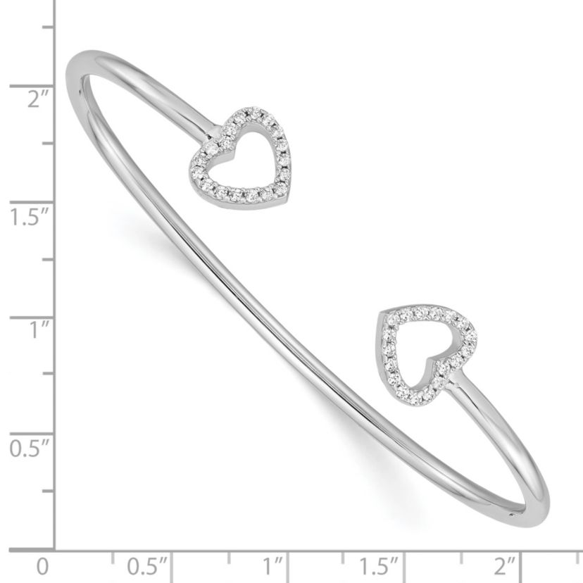 Sterling Silver Rhodium-plated Cubic Zirconia Heart Cuff Bangle