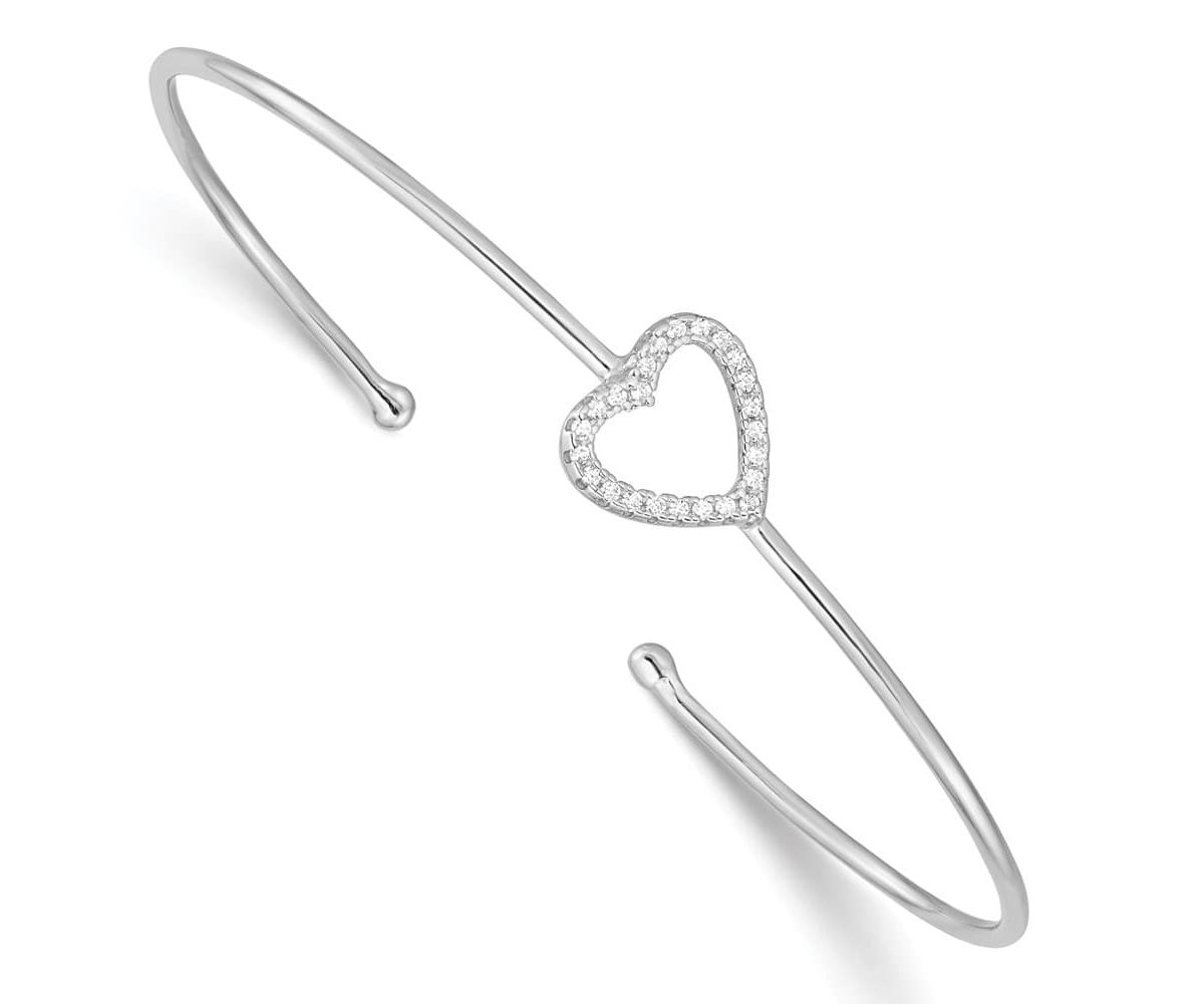 Sterling Silver Rhodium-plated Cubic Zirconia Heart Cuff Bangle Bracelet