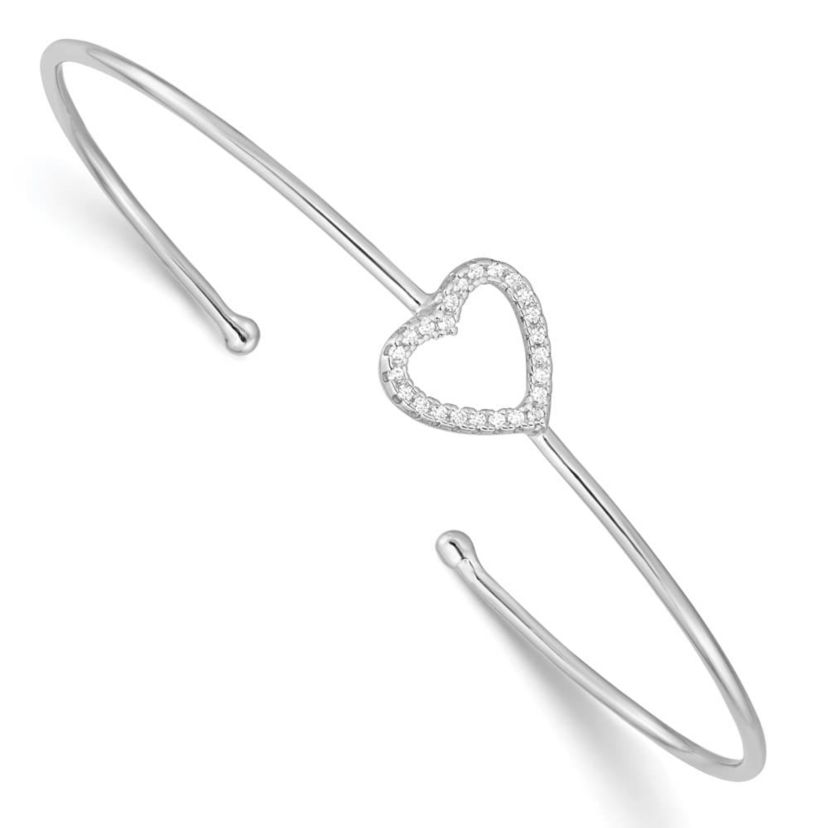 Sterling Silver Rhodium-plated Cubic Zirconia Heart Cuff Bangle Bracelet