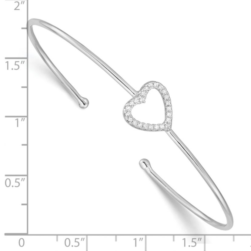 Sterling Silver Rhodium-plated Cubic Zirconia Heart Cuff Bangle Bracelet