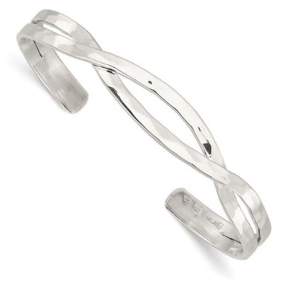 Luxury Giftware by Jere Sterling Silver Polished Hammered Criss Cross Cuff Bangle, White, 7.5 in