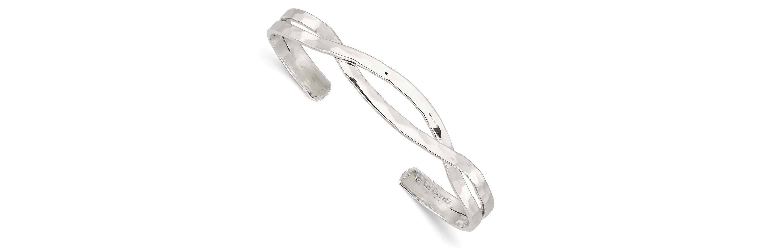 Sterling Silver Polished Hammered Criss Cross Cuff Bangle