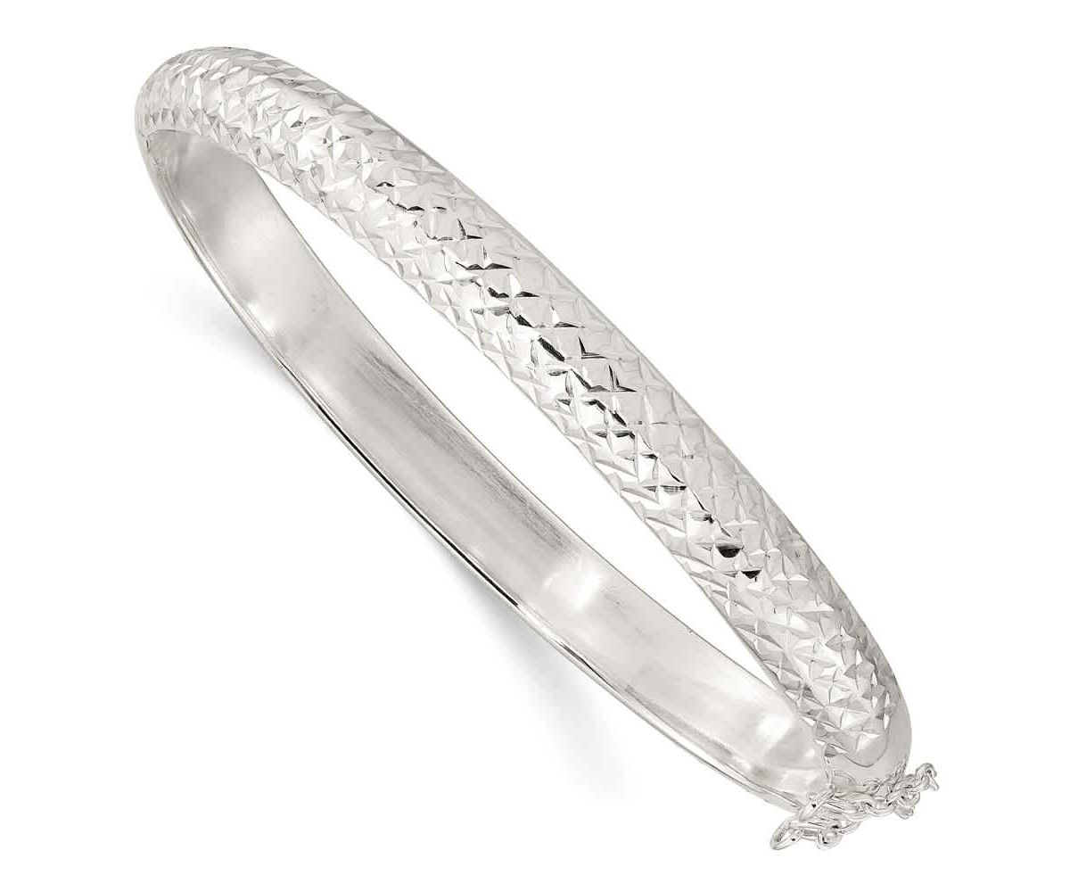 Sterling Silver Rhodium-plated Polished and Diamond-cut 7mm Hinged Bangle