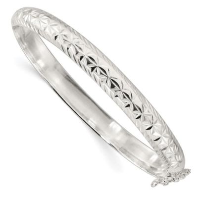 Luxury Giftware by Jere Sterling Silver Polished and Diamond-cut 7.25mm Hinged Bangle, White, 7.25 in