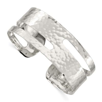 Luxury Giftware by Jere Sterling Silver Solid Polished Hammered Fancy Cuff Bangle Bracelet, White, 7 in