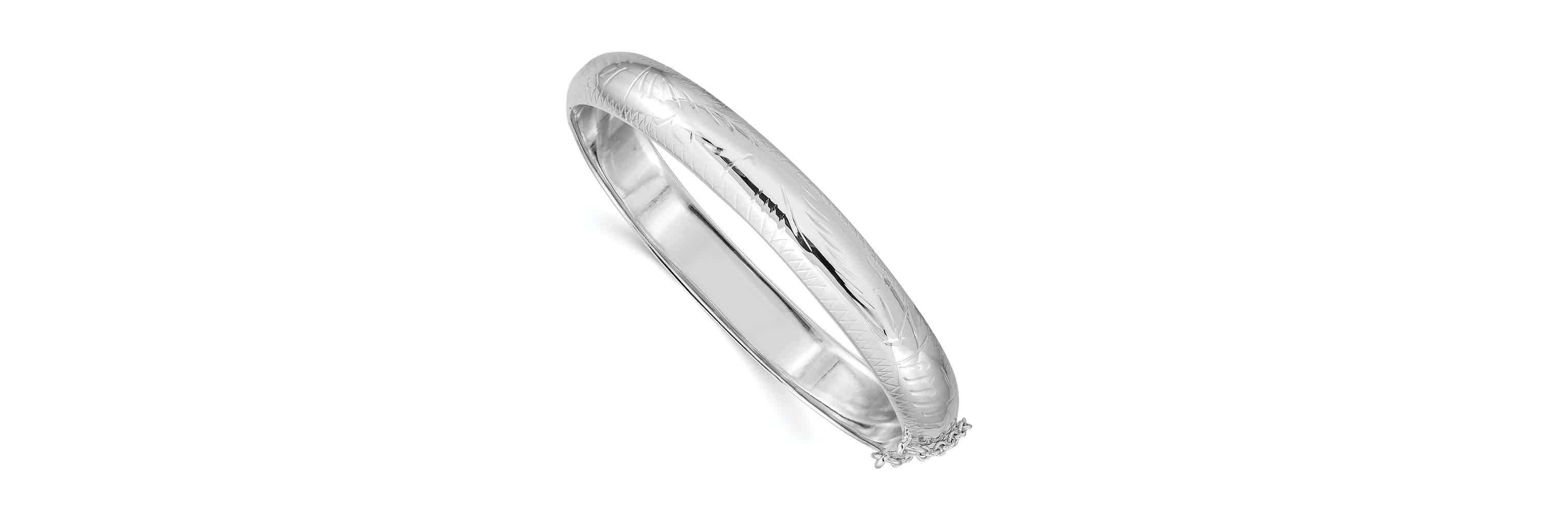 Sterling Silver Rhodium-plated 9.5mm Diamond-cut Fancy Hinged Bangle Bracelet
