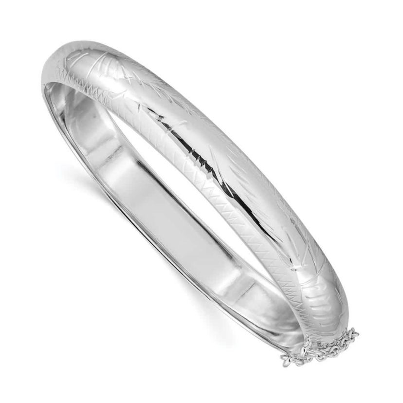 Sterling Silver Rhodium-plated 9.5mm Diamond-cut Fancy Hinged Bangle Bracelet