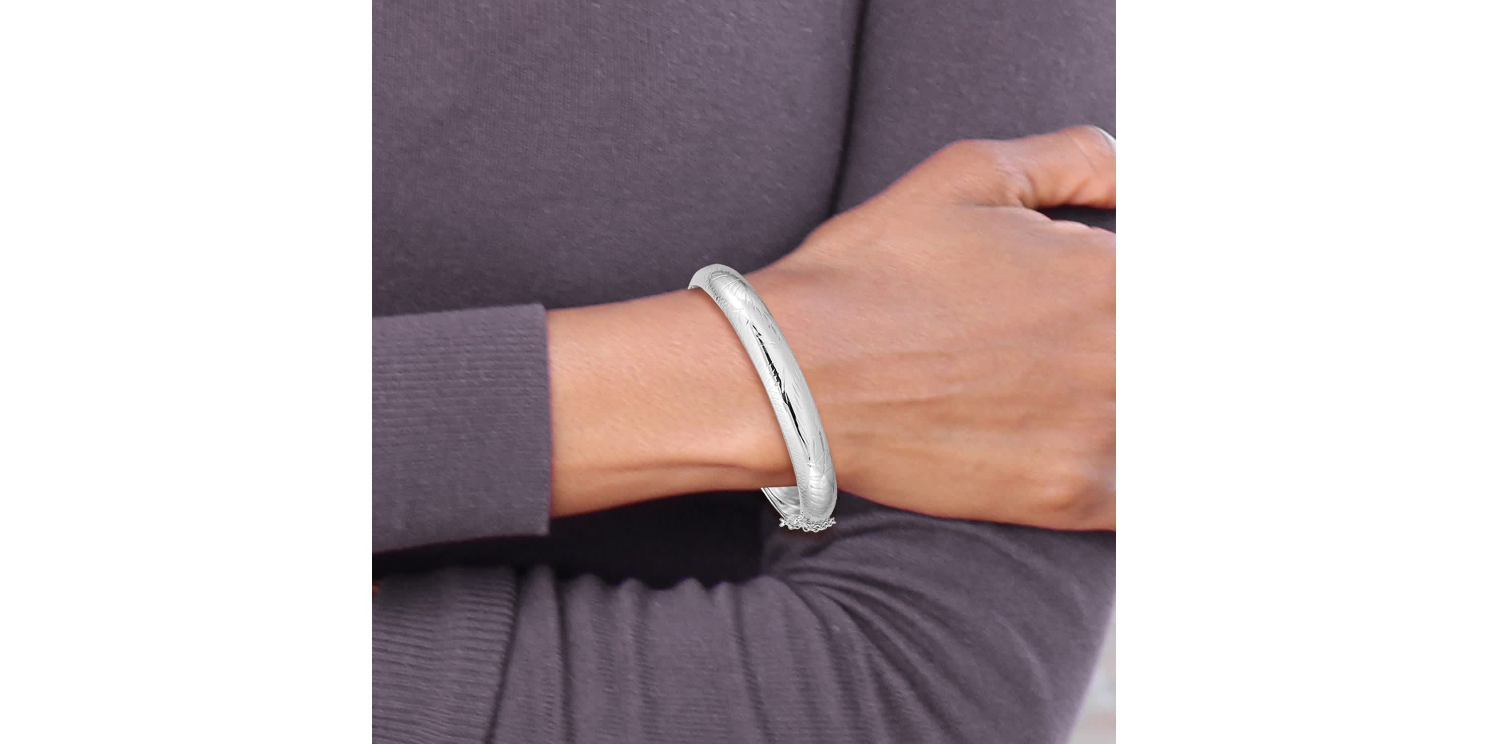 Sterling Silver Rhodium-plated 9.5mm Diamond-cut Fancy Hinged Bangle Bracelet