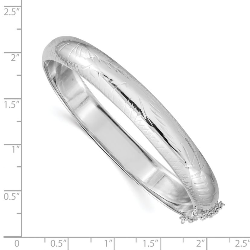 Sterling Silver Rhodium-plated 9.5mm Diamond-cut Fancy Hinged Bangle Bracelet