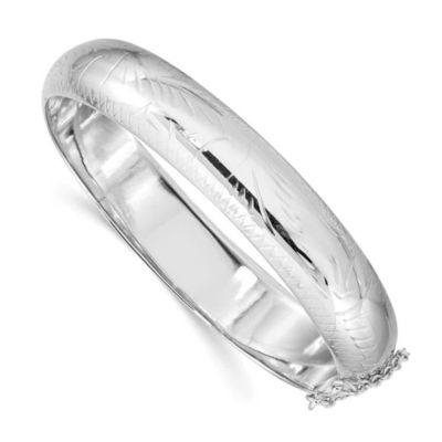 Luxury Giftware by Jere Sterling Silver Rhodium-plated Diamond-cut 12mm Fancy Hinged Bangle Bracelet, White, 7 in