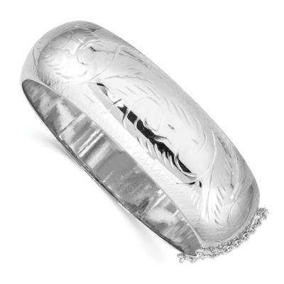 Luxury Giftware by Jere Sterling Silver Rhodium-plated Diamond-cut 20mm Hinged Bangle Bracelet, White, 7 in