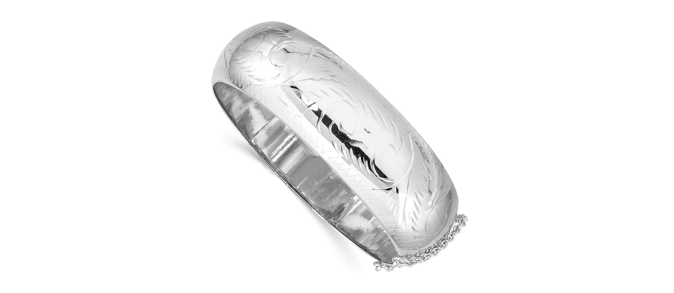 Sterling Silver Rhodium-plated Diamond-cut 20mm Hinged Bangle Bracelet