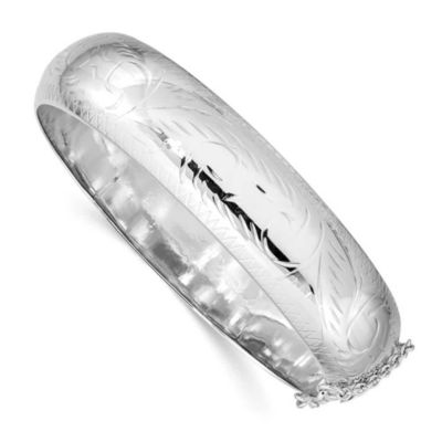 Luxury Giftware by Jere Sterling Silver Rhodium-plated Diamond-cut 15mm Fancy Hinged Bangle Bracelet, White, 7 in