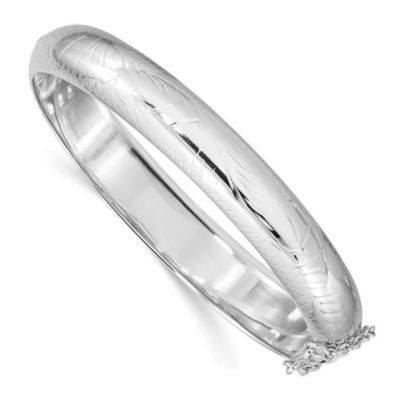 Luxury Giftware by Jere Sterling Silver Rhodium-plated Diamond-cut 10.25mm Hinged Bangle Bracelet, White, 7 in