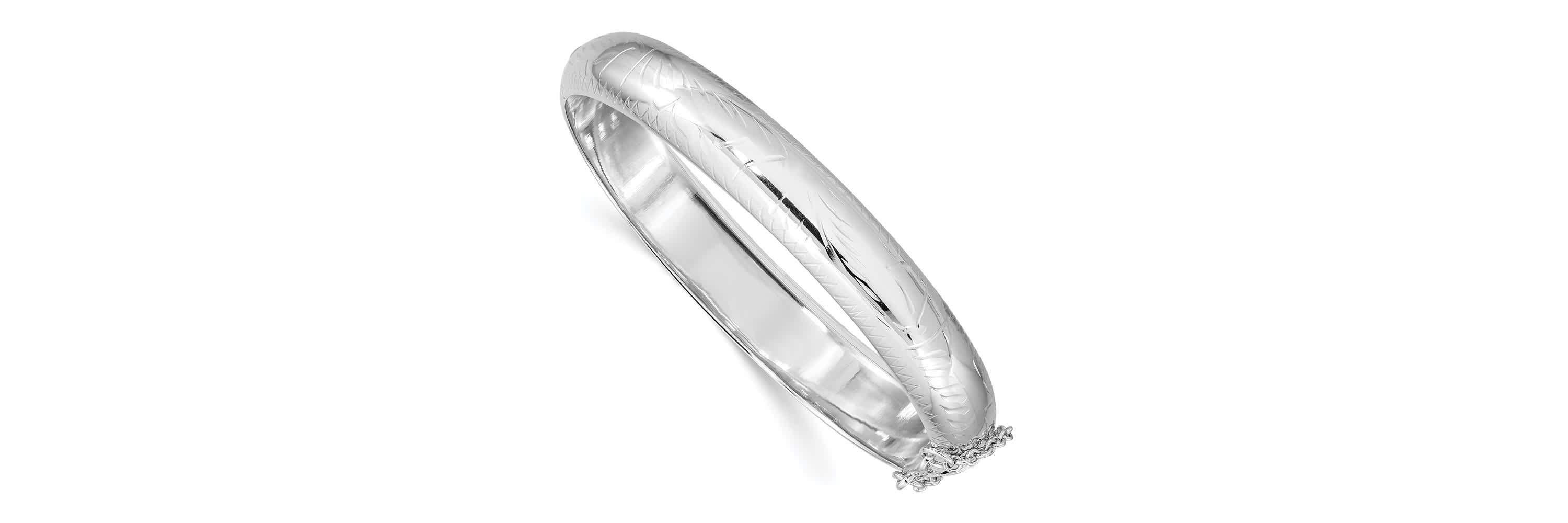 Sterling Silver Rhodium-plated Diamond-cut 10.25mm Hinged Bangle Bracelet