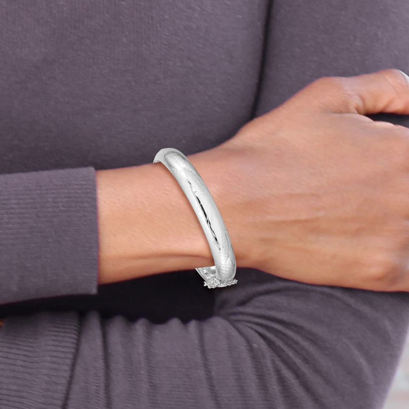 Sterling Silver Rhodium-plated Diamond-cut 10.25mm Hinged Bangle Bracelet