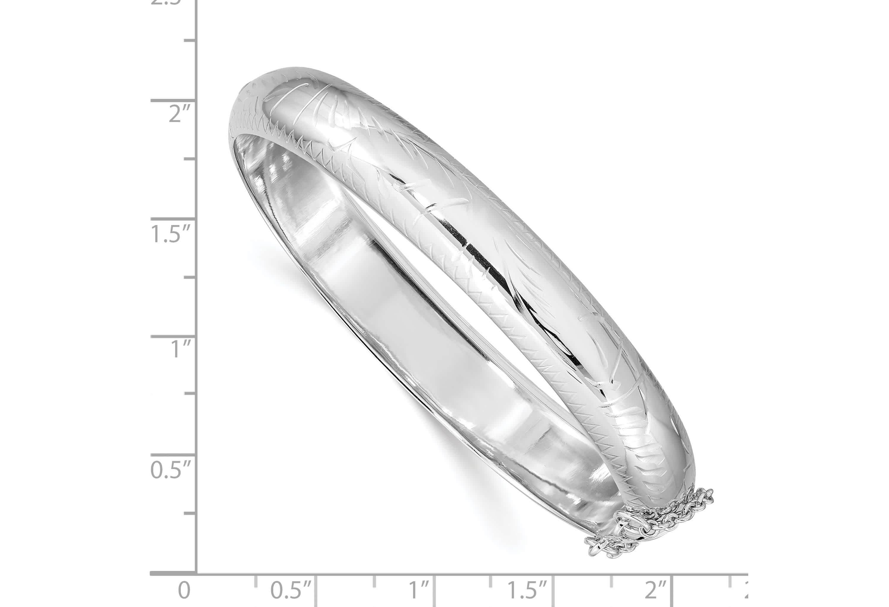 Sterling Silver Rhodium-plated Diamond-cut 10.25mm Hinged Bangle Bracelet