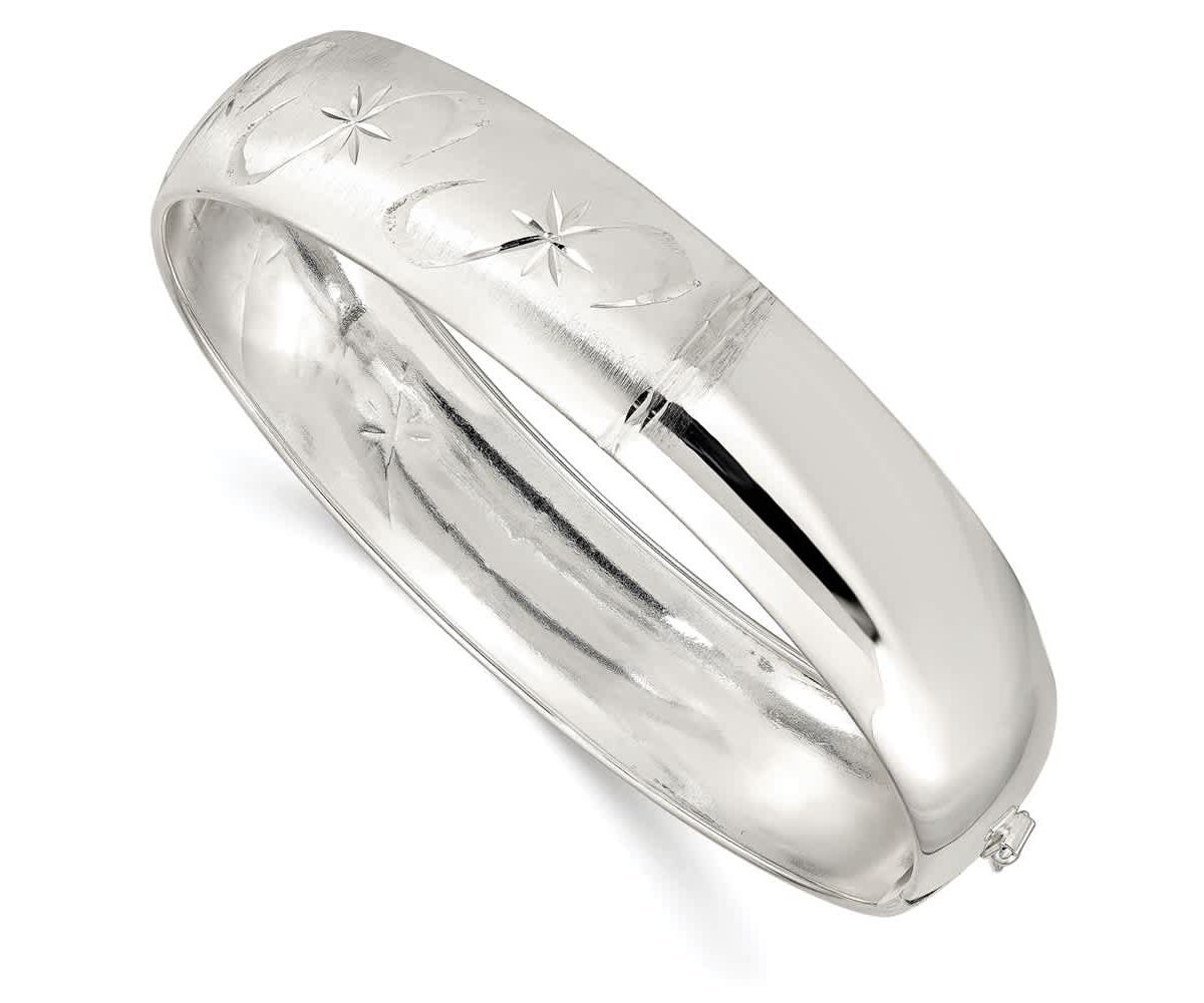 Sterling Silver Polished Diamond-cut and Textured Adjustable Bangle