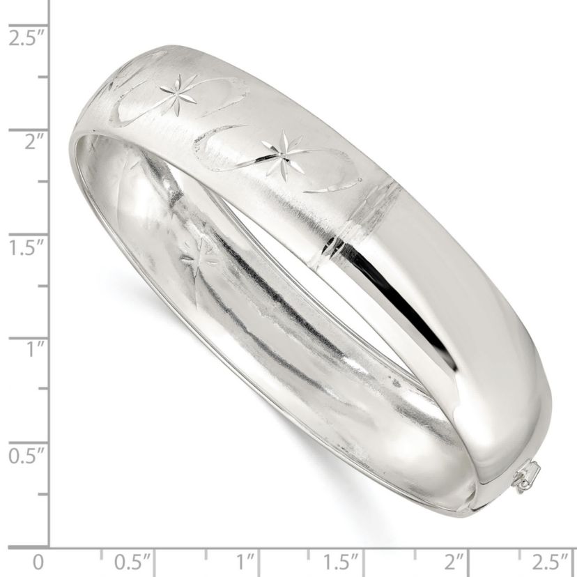 Sterling Silver Polished Diamond-cut and Textured Adjustable Bangle
