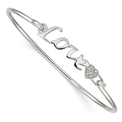 Luxury Giftware by Jere Sterling Silver Rhodium-plated Polished LOVE with Cubic Zirconia Heart Bangle, White, 7.25 in