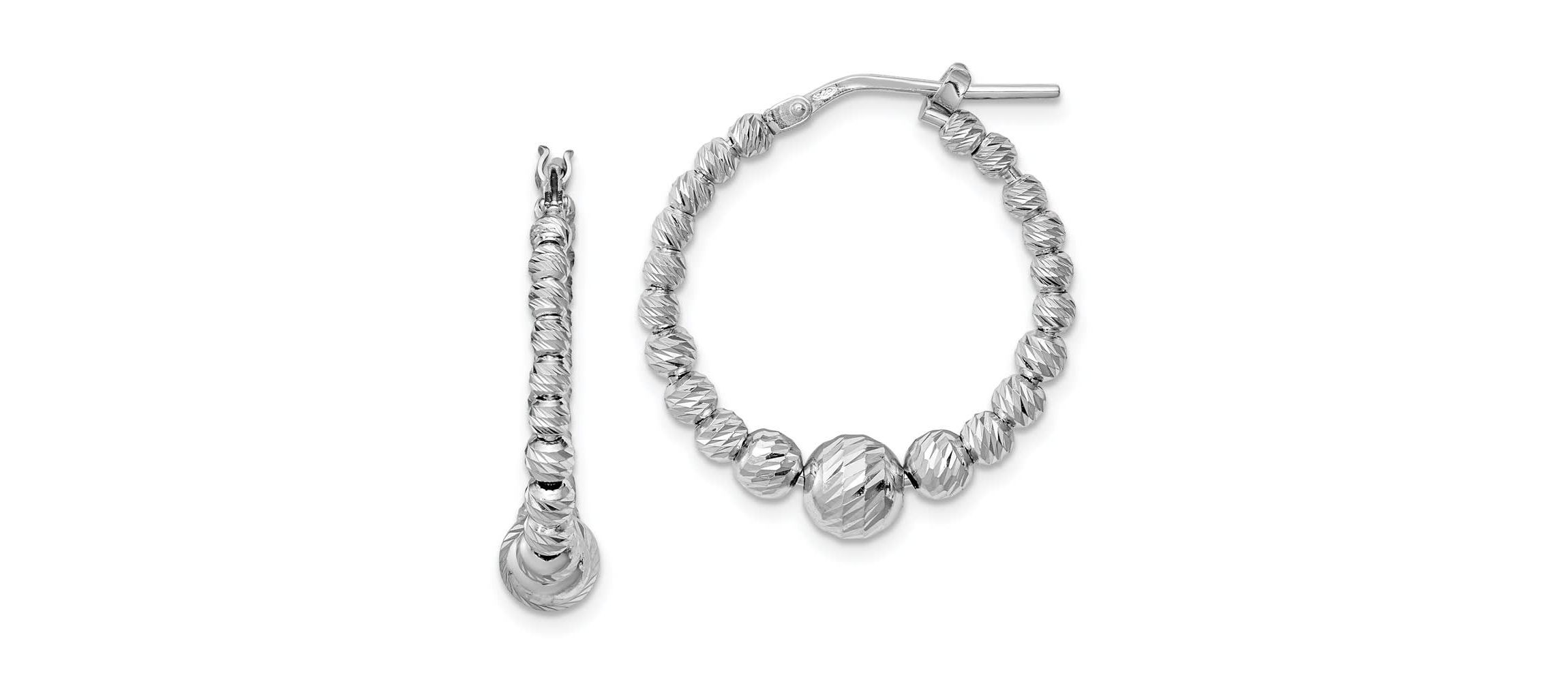 Sterling Silver Rhodium-plated Diamond-cut Beaded Hoop Earrings