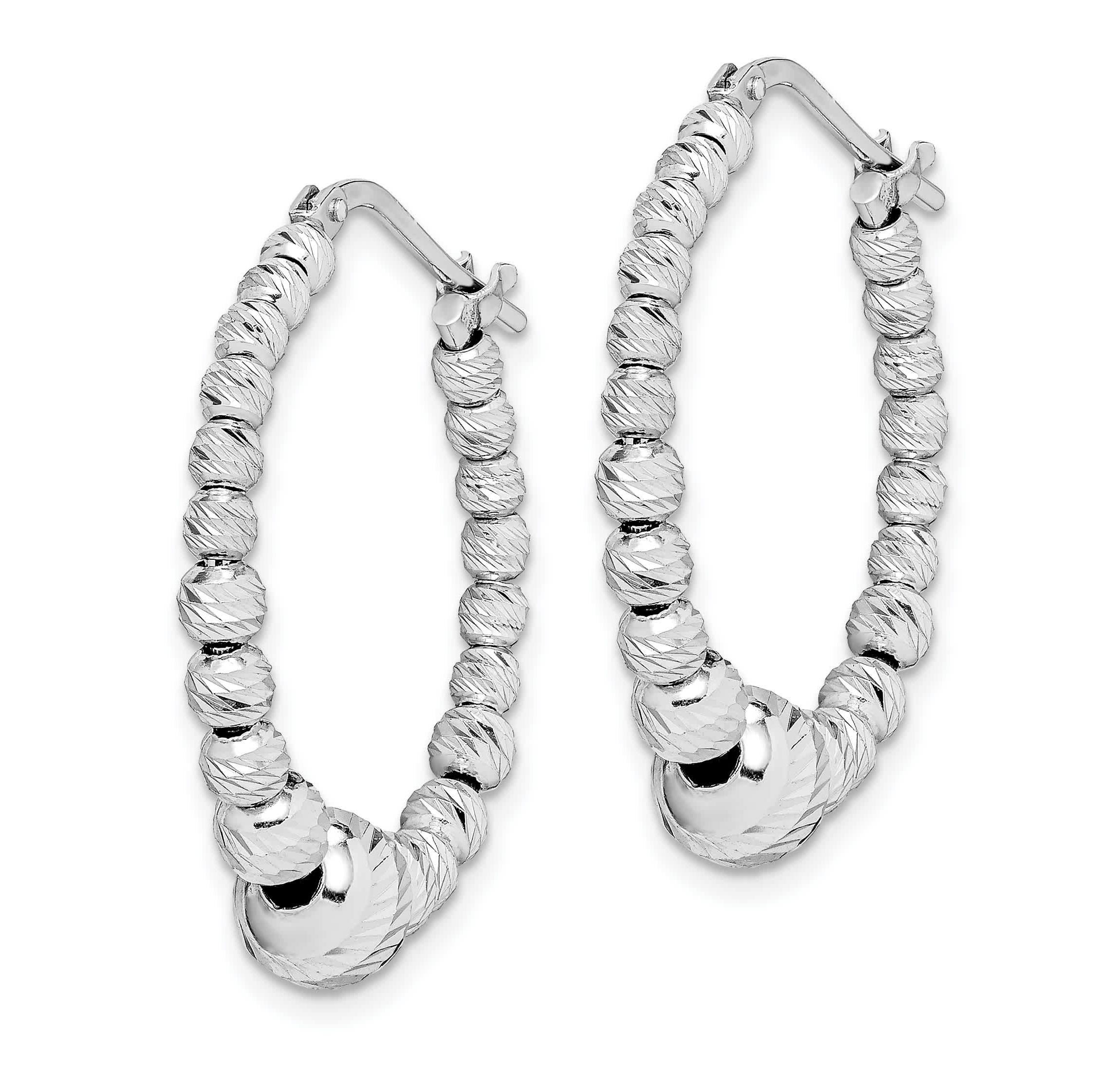 Sterling Silver Rhodium-plated Diamond-cut Beaded Hoop Earrings
