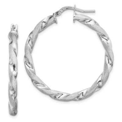 Luxury Giftware by Jere Sterling Silver Rhodium-plated Satin Polished Twisted 3x35mm Hoop Earrings, White