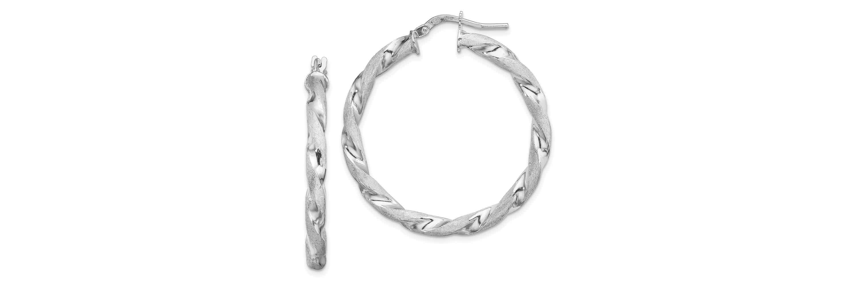Sterling Silver Rhodium-plated Satin Polished Twisted 3x35mm Hoop Earrings