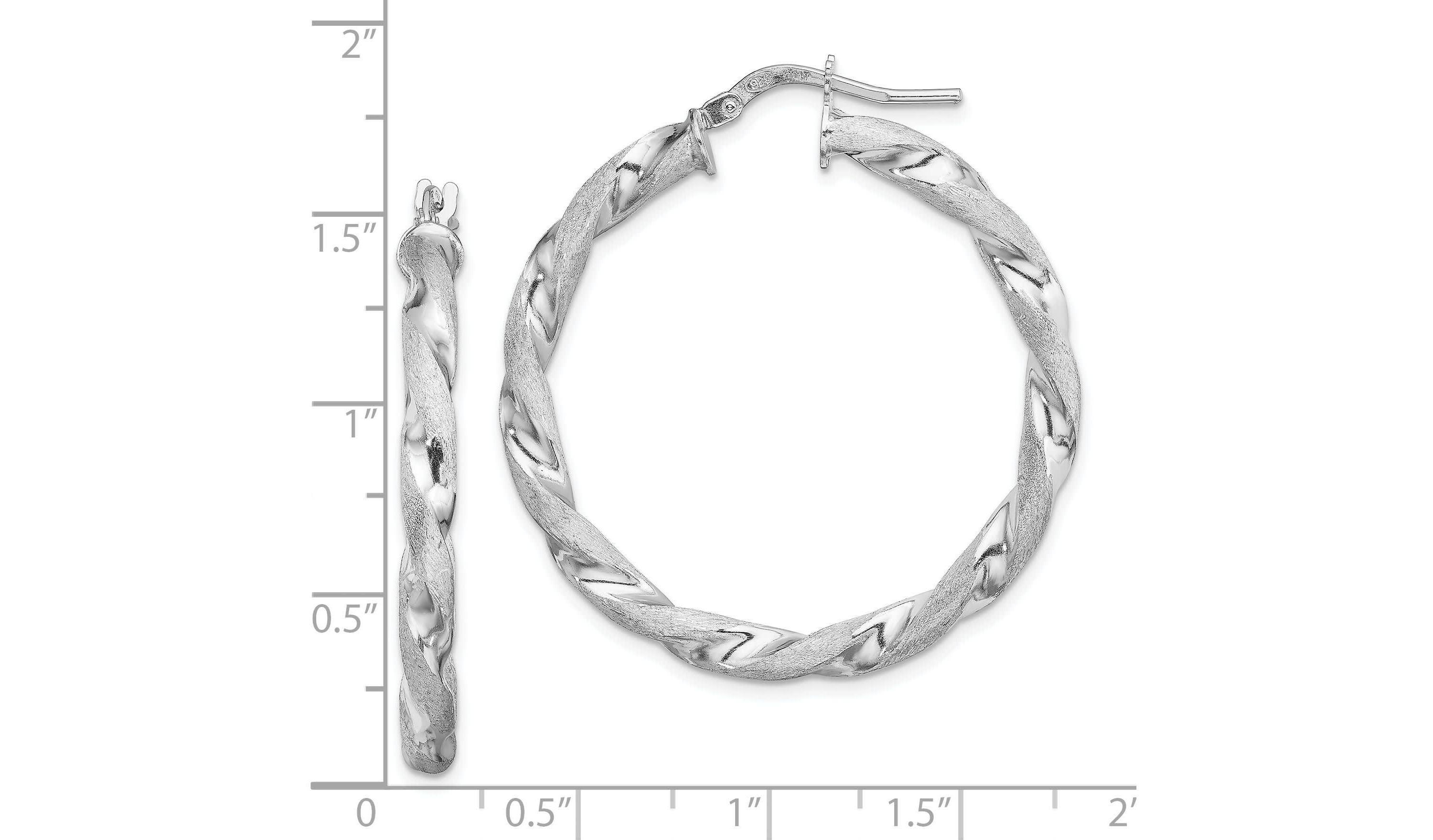 Sterling Silver Rhodium-plated Satin Polished Twisted 3x35mm Hoop Earrings