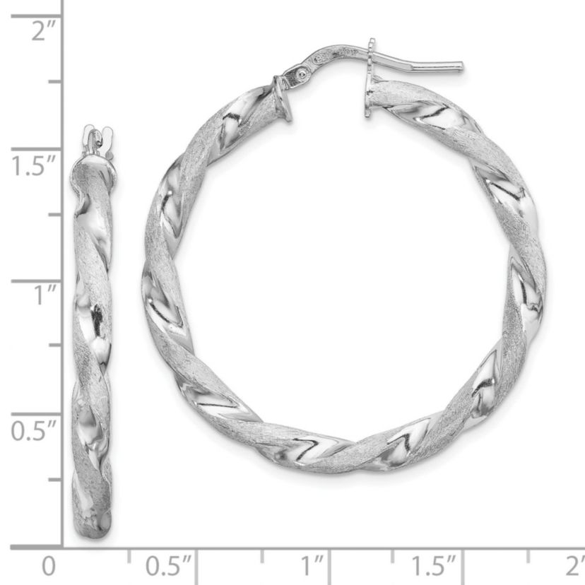 Sterling Silver Rhodium-plated Satin Polished Twisted 3x35mm Hoop Earrings