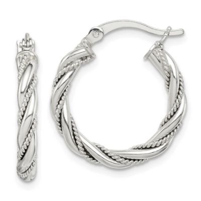 Luxury Giftware by Jere Sterling Silver Twisted Textured 3x20mm Hoop Earrings, White