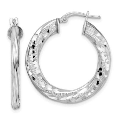 Luxury Giftware by Jere Sterling Silver Rhodium-plated 3x29mm Diamond-cut Twisted Tube Hoop Earrings, White