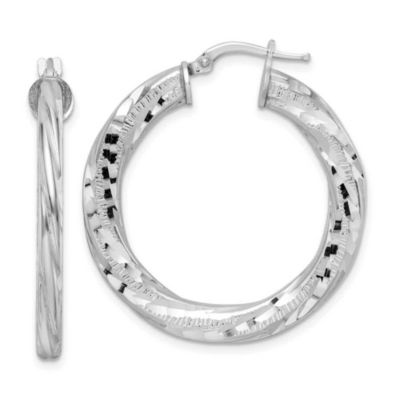 Luxury Giftware by Jere Sterling Silver Rhodium-plated 3x33mm Diamond-cut Twisted Tube Hoop Earrings, White