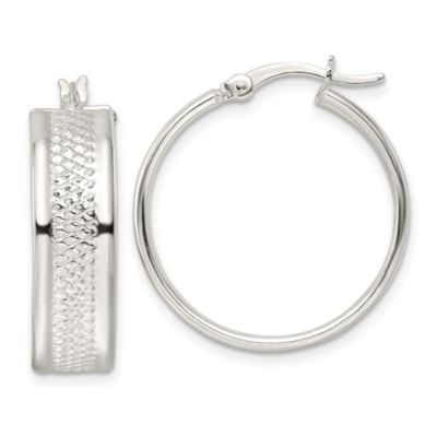 Luxury Giftware by Jere Sterling Silver Polished Textured 7.5x25mm Hoop Earrings, White