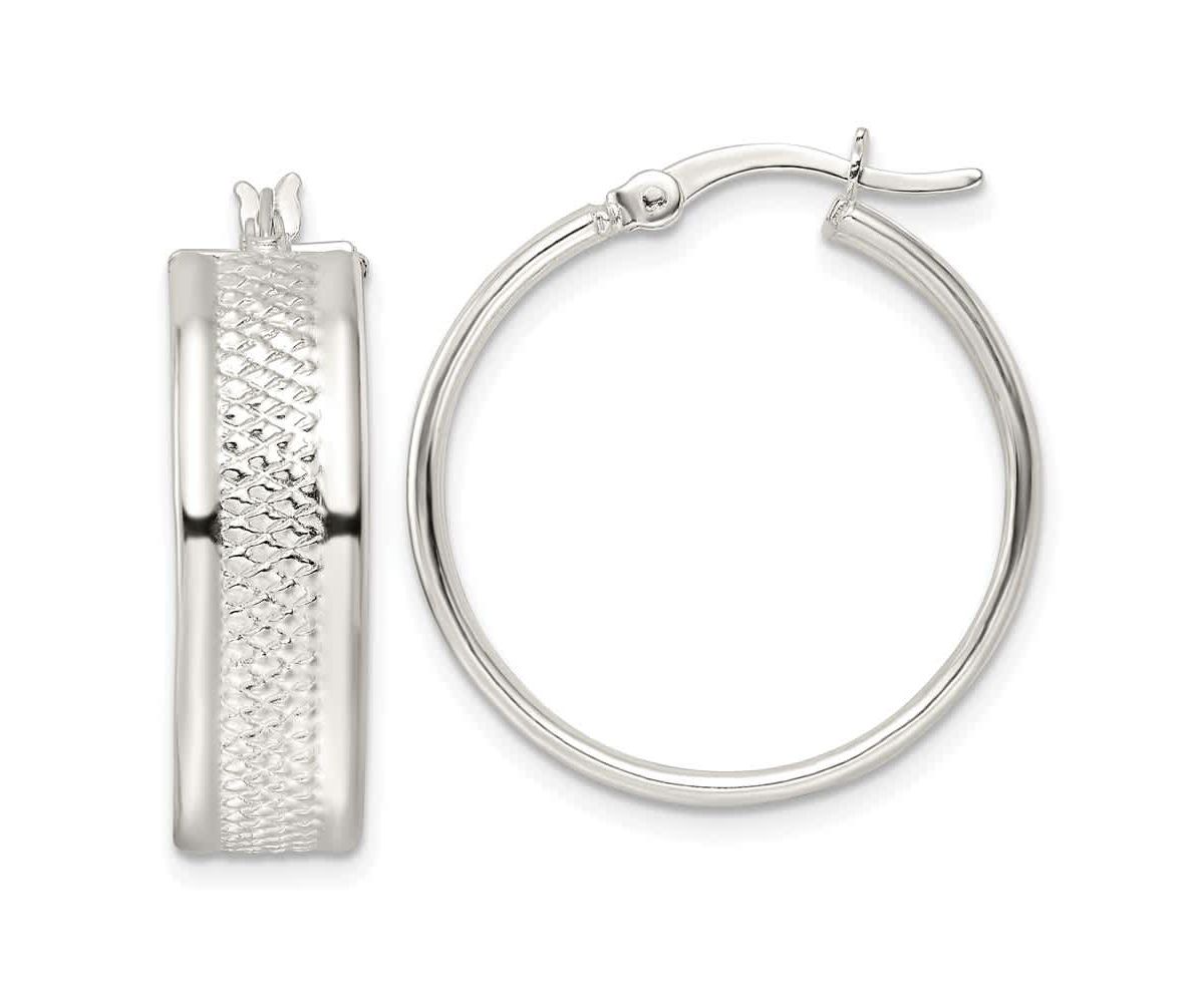 Sterling Silver Polished Textured 7.5x25mm Hoop Earrings