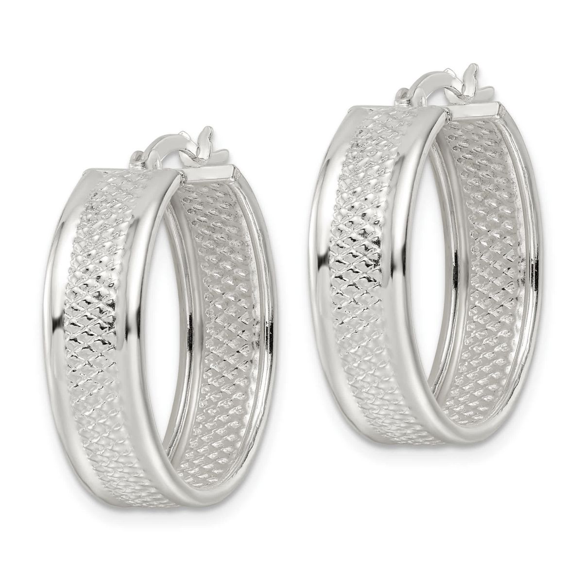 Sterling Silver Polished Textured 7.5x25mm Hoop Earrings