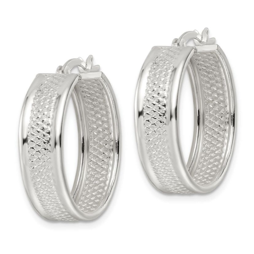 Sterling Silver Polished Textured 7.5x25mm Hoop Earrings