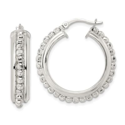 Luxury Giftware by Jere Sterling Silver Polished and Diamond-cut Beaded Hoop Earrings, White