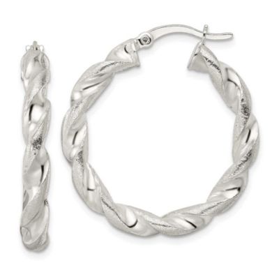 Luxury Giftware by Jere Sterling Silver Polished and Textured Twisted Circle Hoop Earrings, White