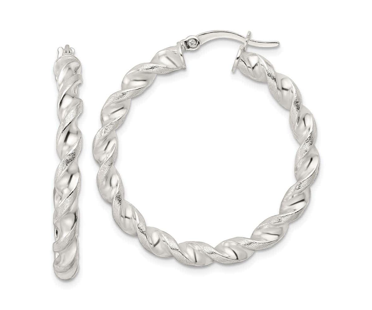 Sterling Silver Polished and Textured Twisted Circle Hoop Earrings