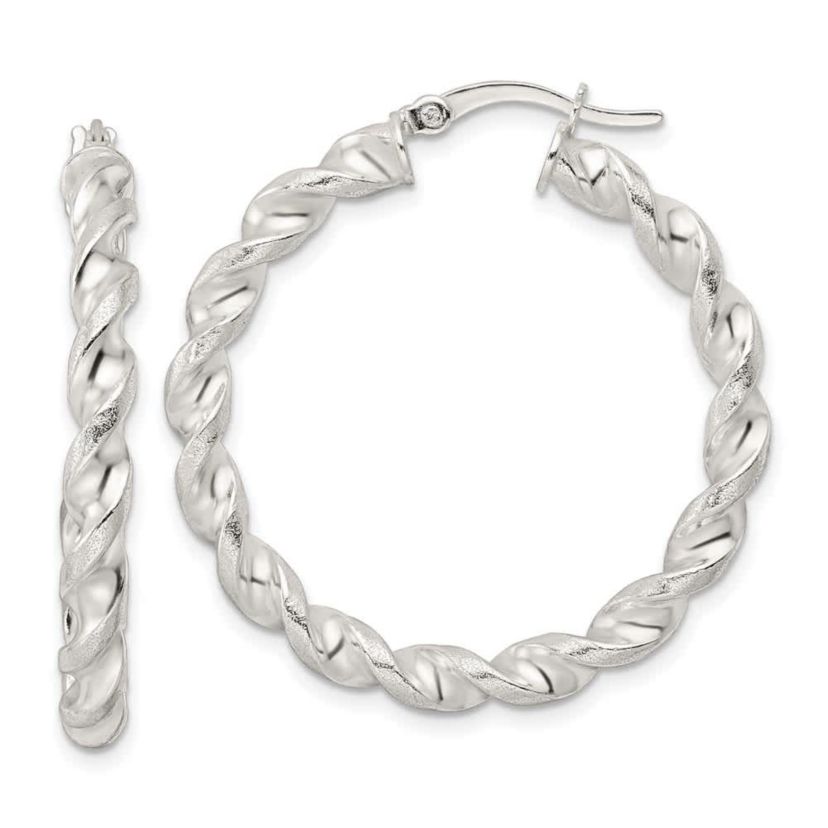 Sterling Silver Polished and Textured Twisted Circle Hoop Earrings