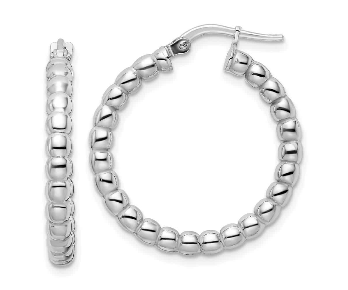 Sterling Silver Rhodium-plated Polished 3mm Beaded Hoop Earrings
