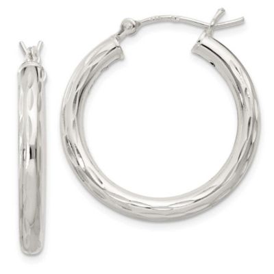 Luxury Giftware by Jere Sterling Silver Diamond-cut Satin 3x25mm Hoop Earrings, White